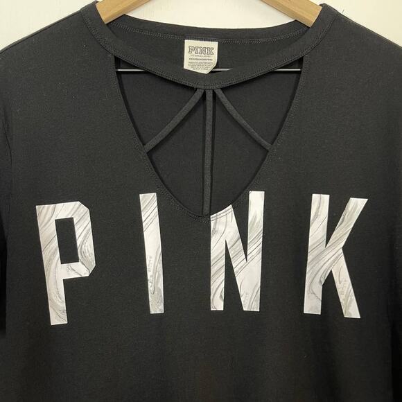 PINK Victoria's Secret White Logo Open Neck Black T-Shirt Top Women's Size XS - Picture 4 of 8